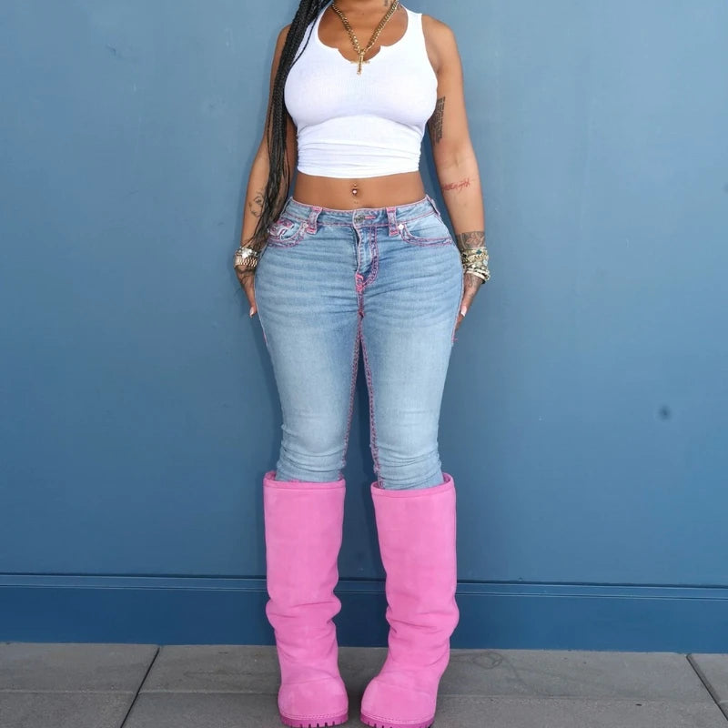 Embroidery high waisted jeans for girls high street fashion