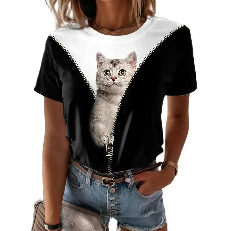 cats lover new fashion t-shirt women 3d cats print t-shirts - ARI