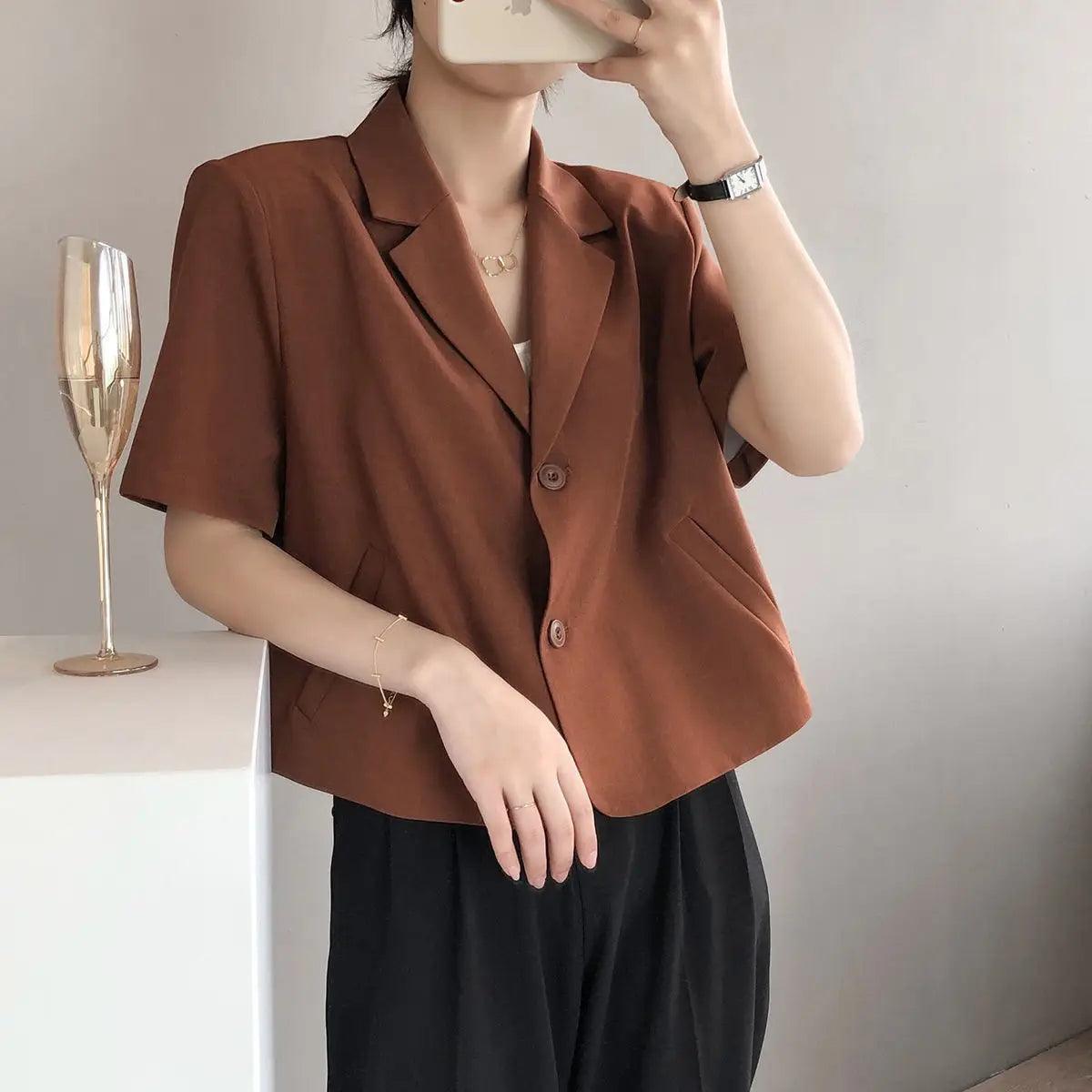 suit top women thin jacket outerwears casual short sleeve blazers solid cotton coats - ARI