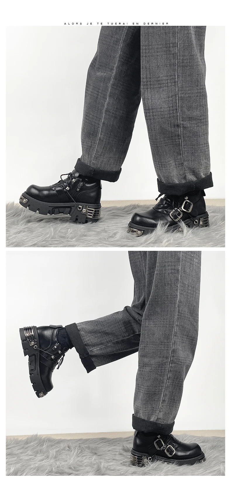 Dark punk style woman rock boots leather metal niche