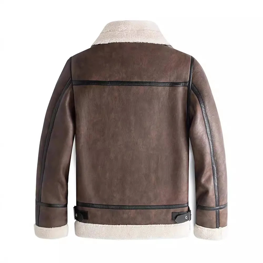 Thick warm coat luxury fur lamb wool leather cashmere leather