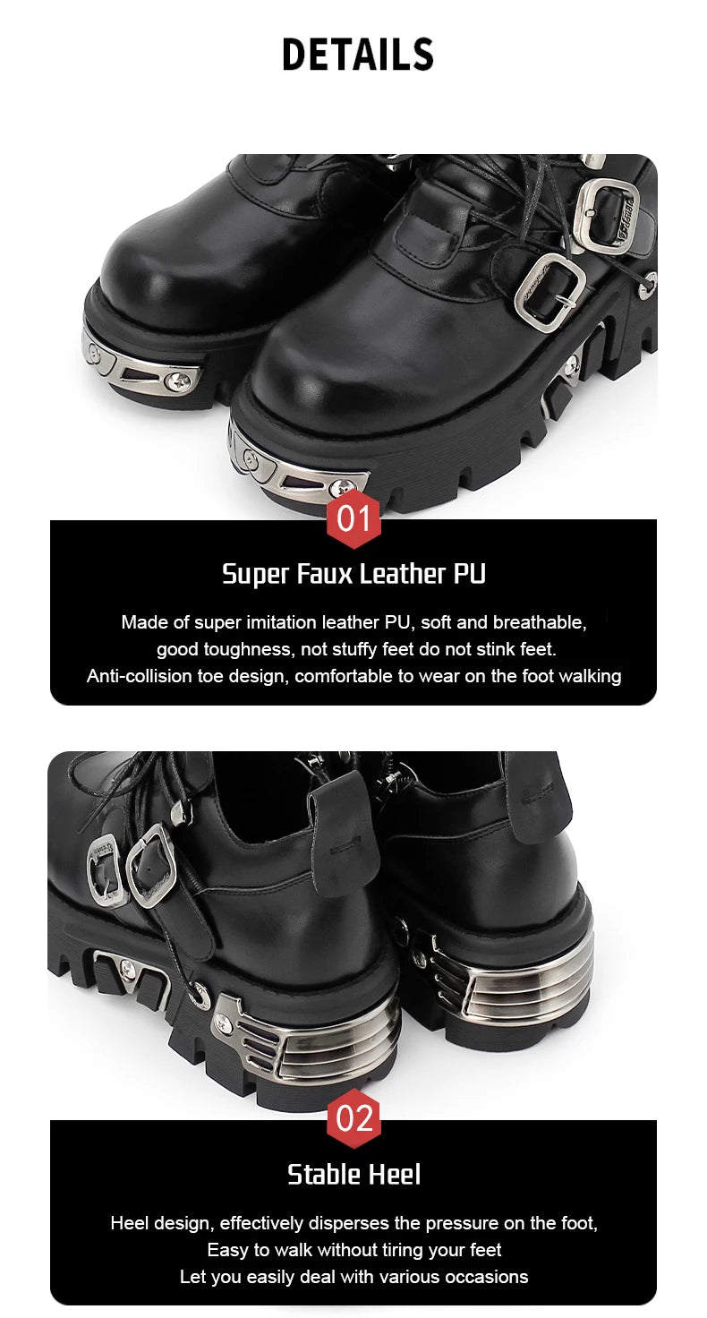 Dark punk style woman rock boots leather metal niche