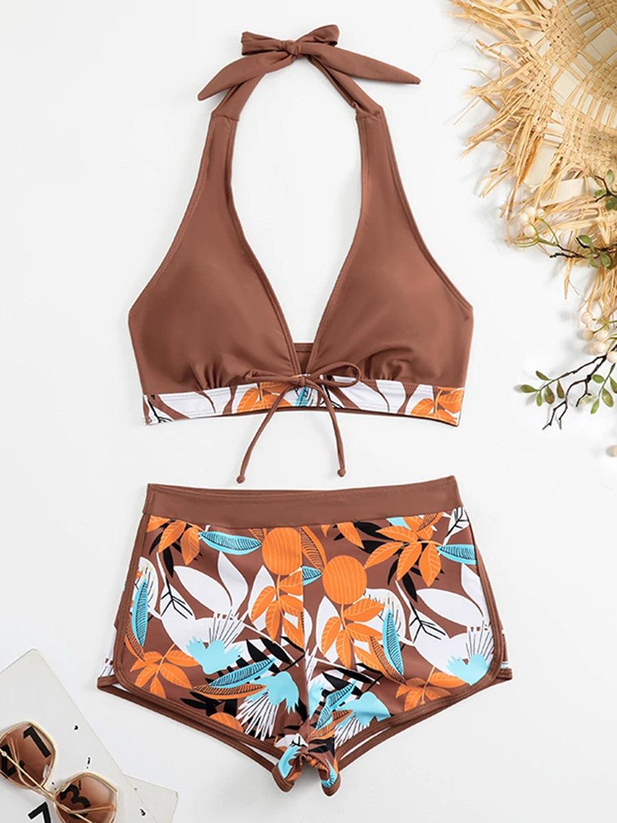 Bikini set short swimsuit women high waist swimwear printed beachwear - ARI