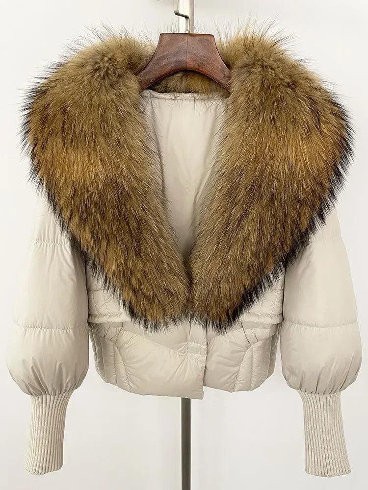 Winter girls jacket with real raccoon fox fur collar loose fit coat - ARI
