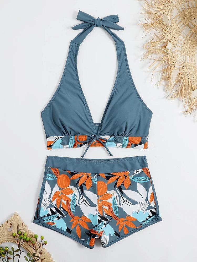 Bikini set short swimsuit women high waist swimwear printed beachwear - ARI