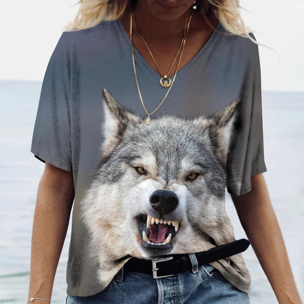 T-shirt featuring a 3D print of a wolf among many designs - ARI