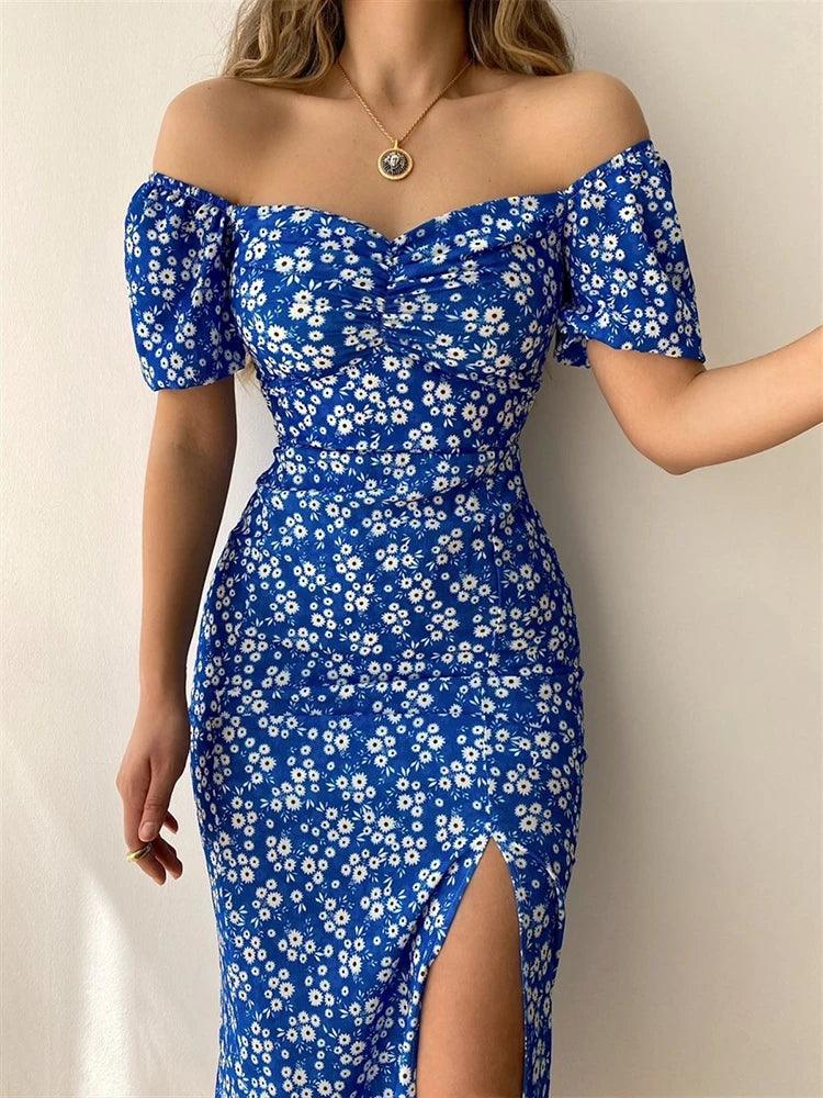 Floral short sleeve party dress chic off-shoulder backless - ARI