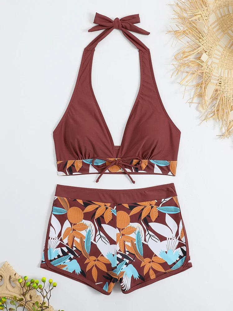 Bikini set short swimsuit women high waist swimwear printed beachwear - ARI