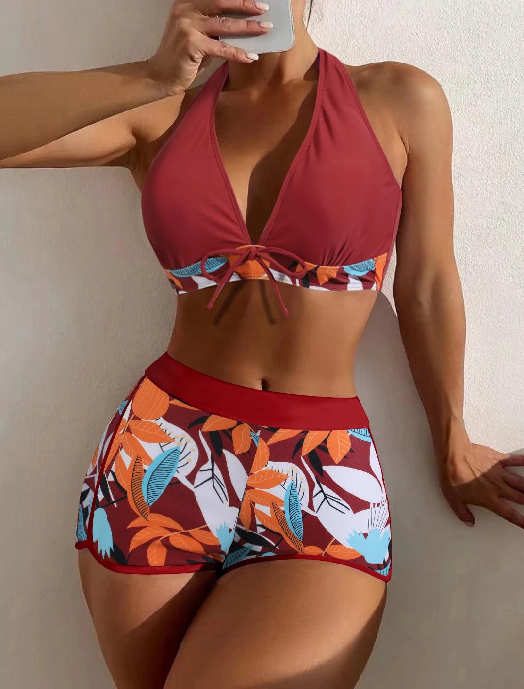 Bikini set short swimsuit women high waist swimwear printed beachwear - ARI
