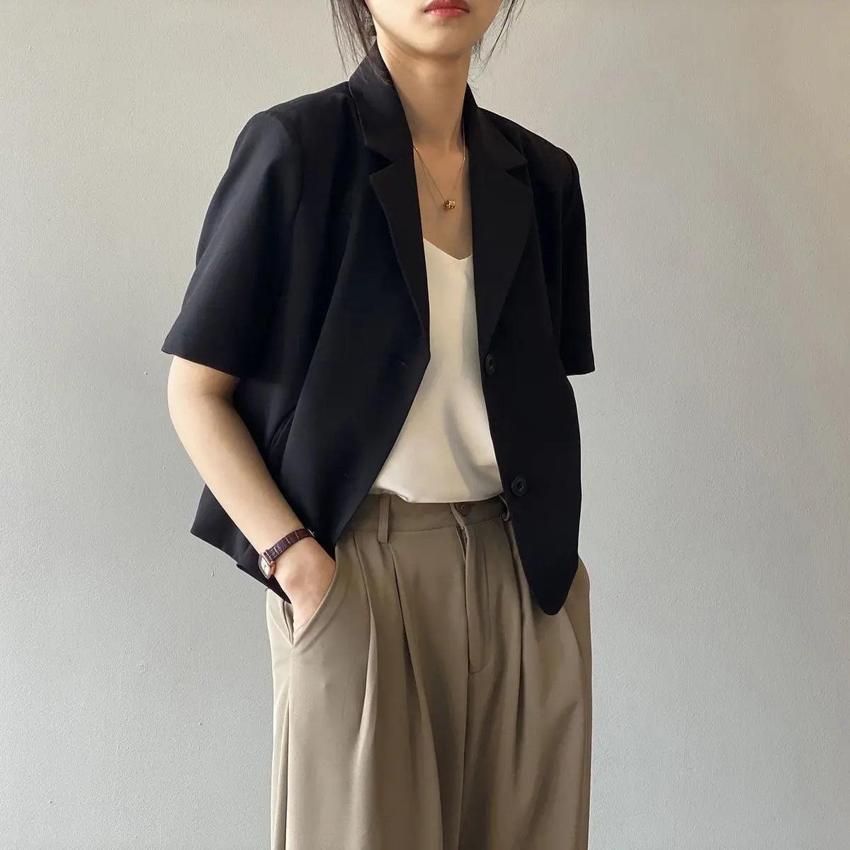 suit top women thin jacket outerwears casual short sleeve blazers solid cotton coats - ARI