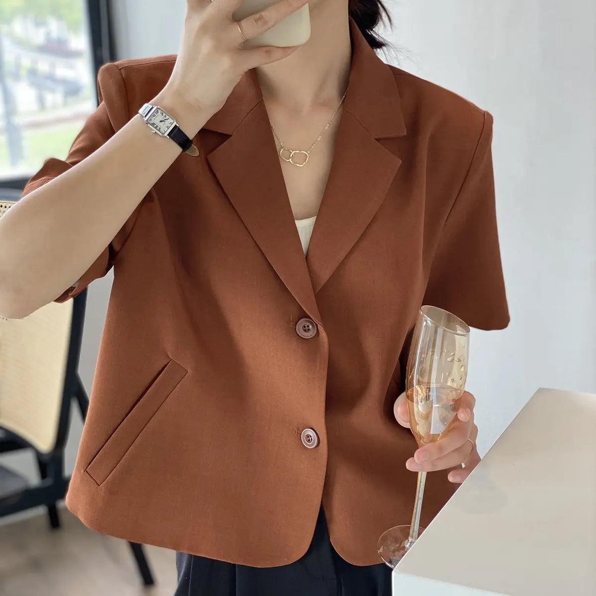 suit top women thin jacket outerwears casual short sleeve blazers solid cotton coats - ARI
