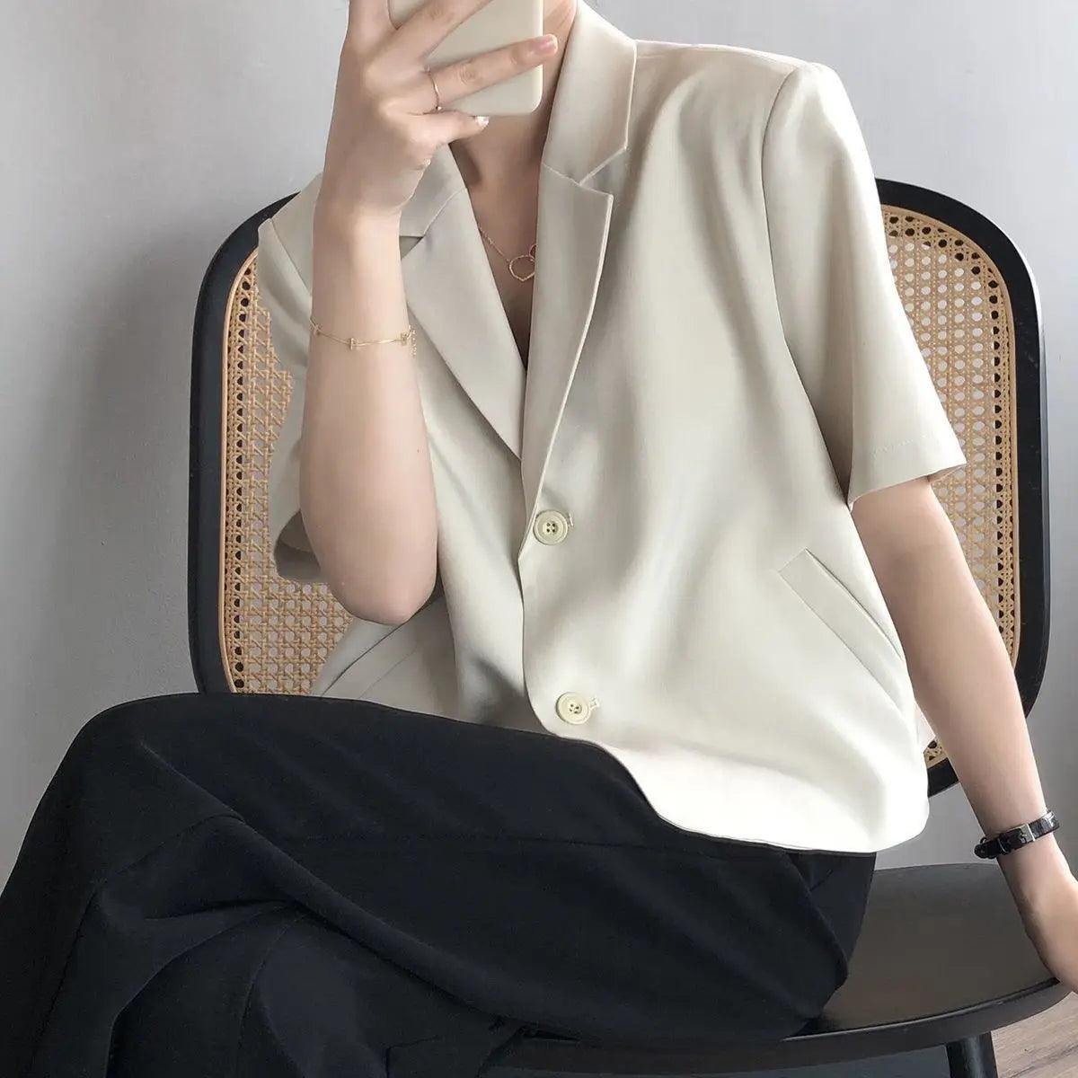 suit top women thin jacket outerwears casual short sleeve blazers solid cotton coats - ARI