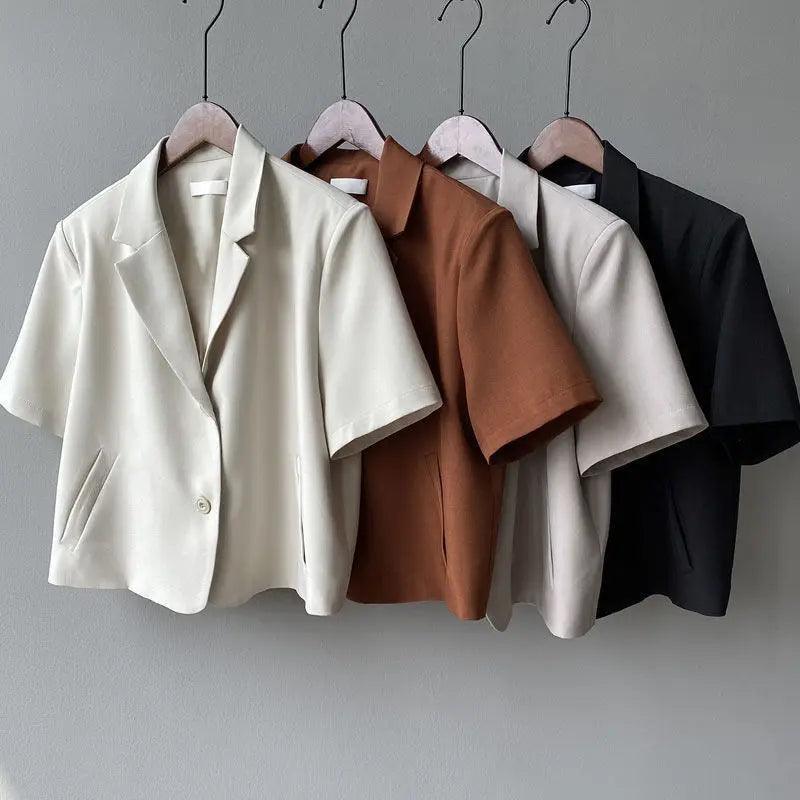 suit top women thin jacket outerwears casual short sleeve blazers solid cotton coats - ARI