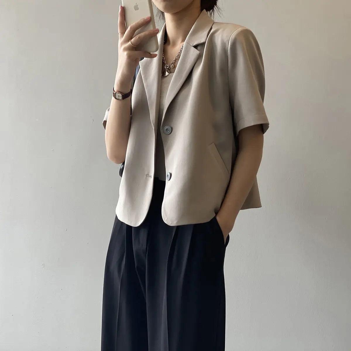 suit top women thin jacket outerwears casual short sleeve blazers solid cotton coats - ARI