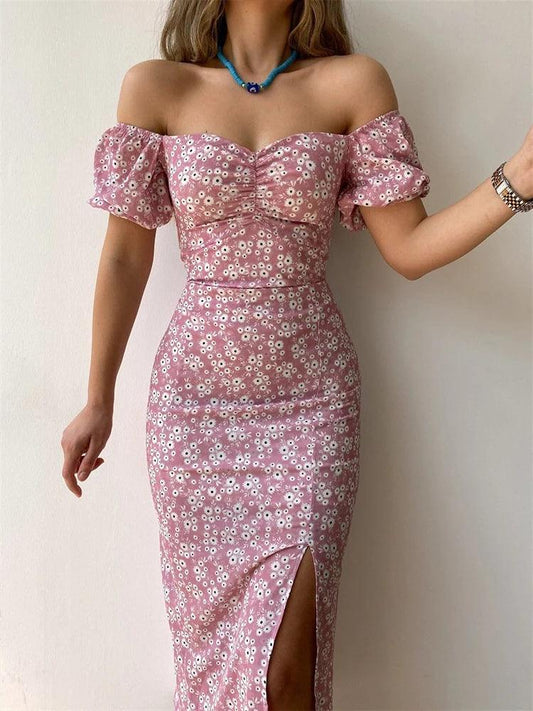 Floral short sleeve party dress chic off-shoulder backless - ARI