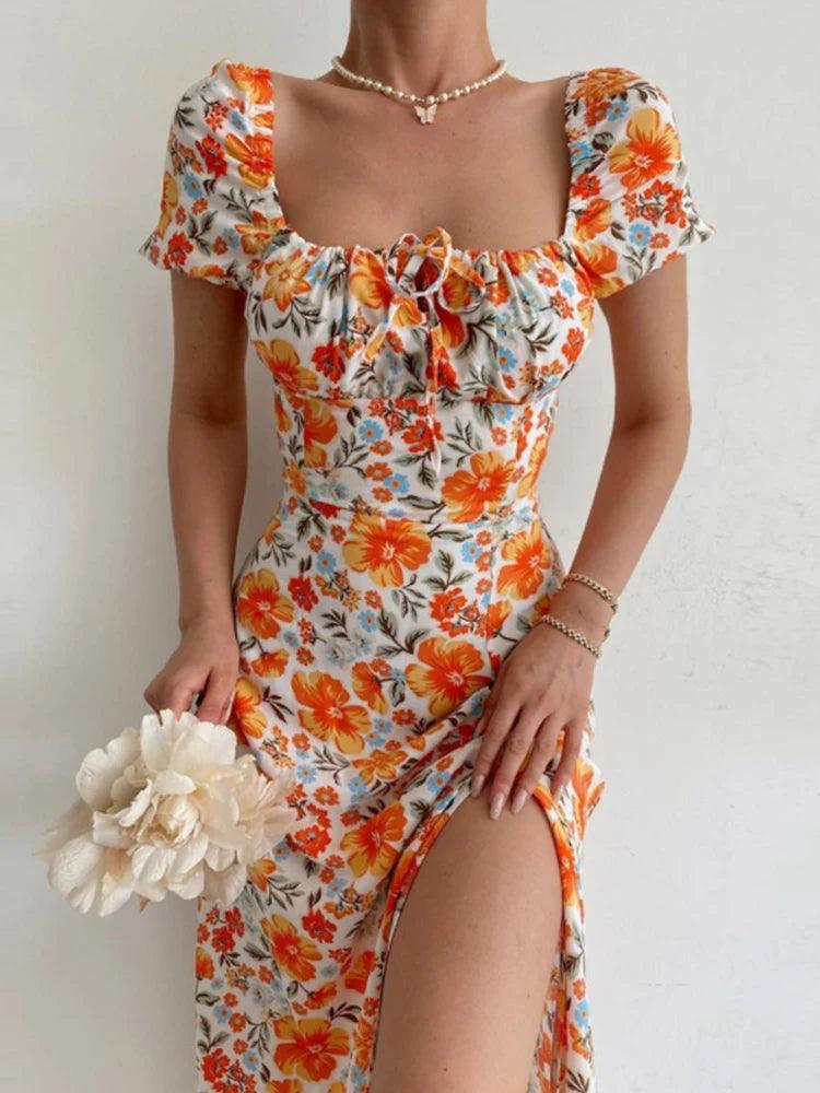Floral short sleeve party dress chic off-shoulder backless - ARI