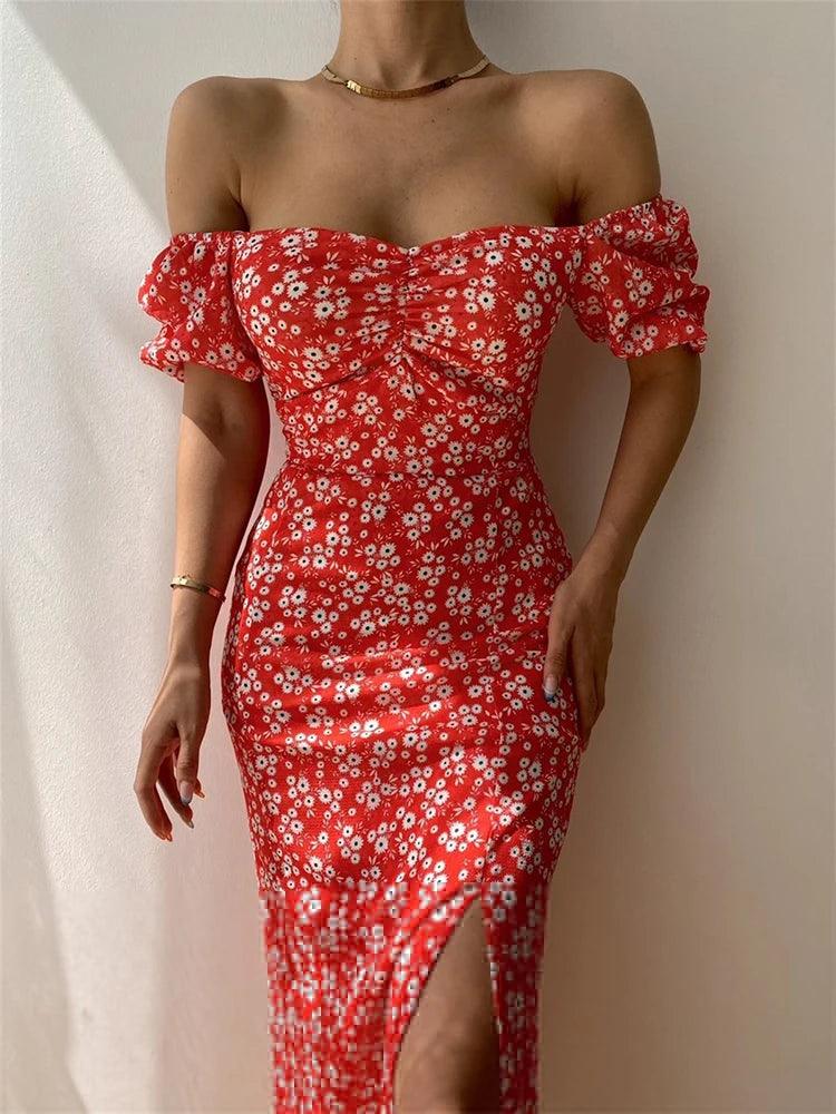 Floral short sleeve party dress chic off-shoulder backless - ARI