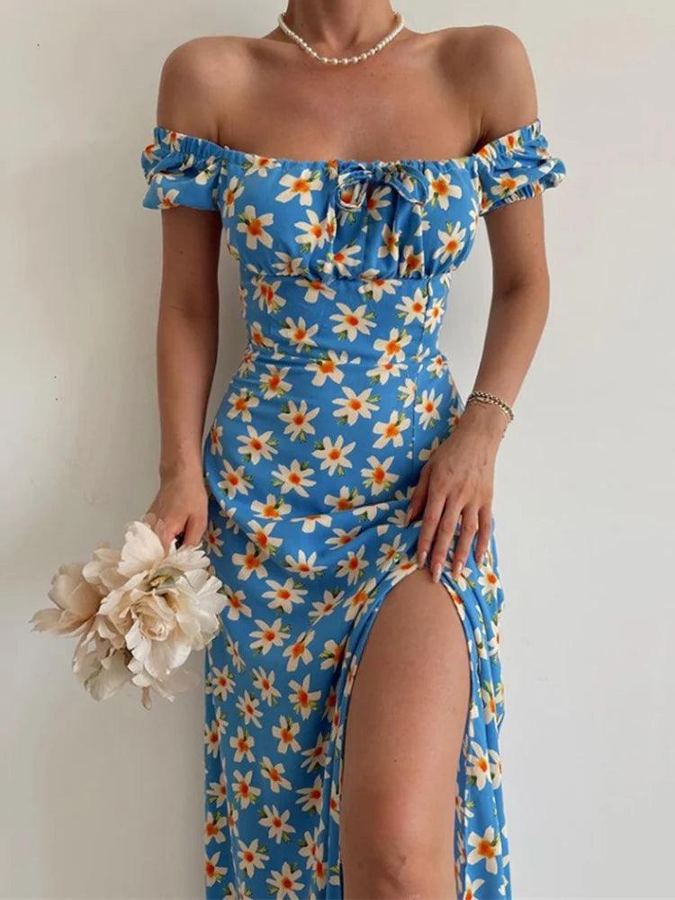 Floral short sleeve party dress chic off-shoulder backless - ARI