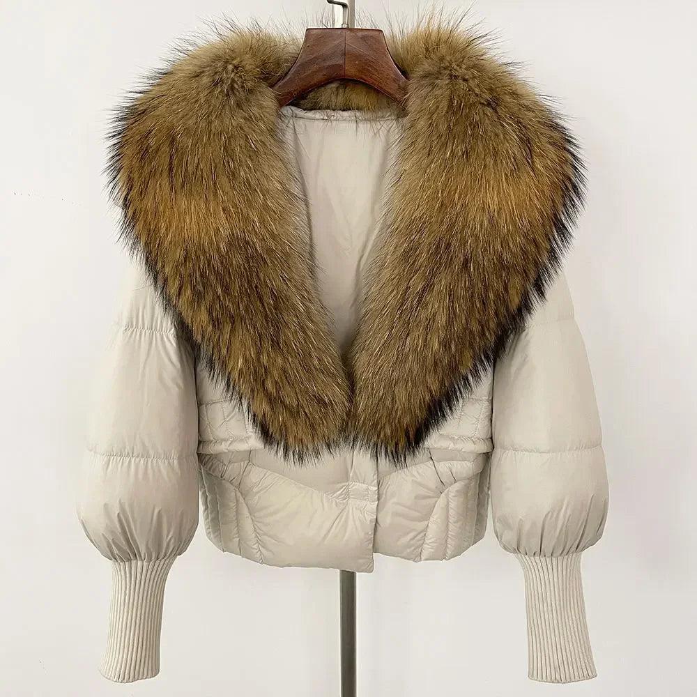 Winter girls jacket with real raccoon fox fur collar loose fit coat - ARI