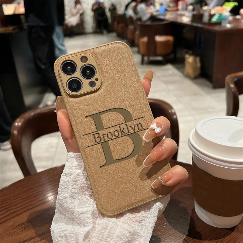 Your name letter case on iPhone case luxury leather cover