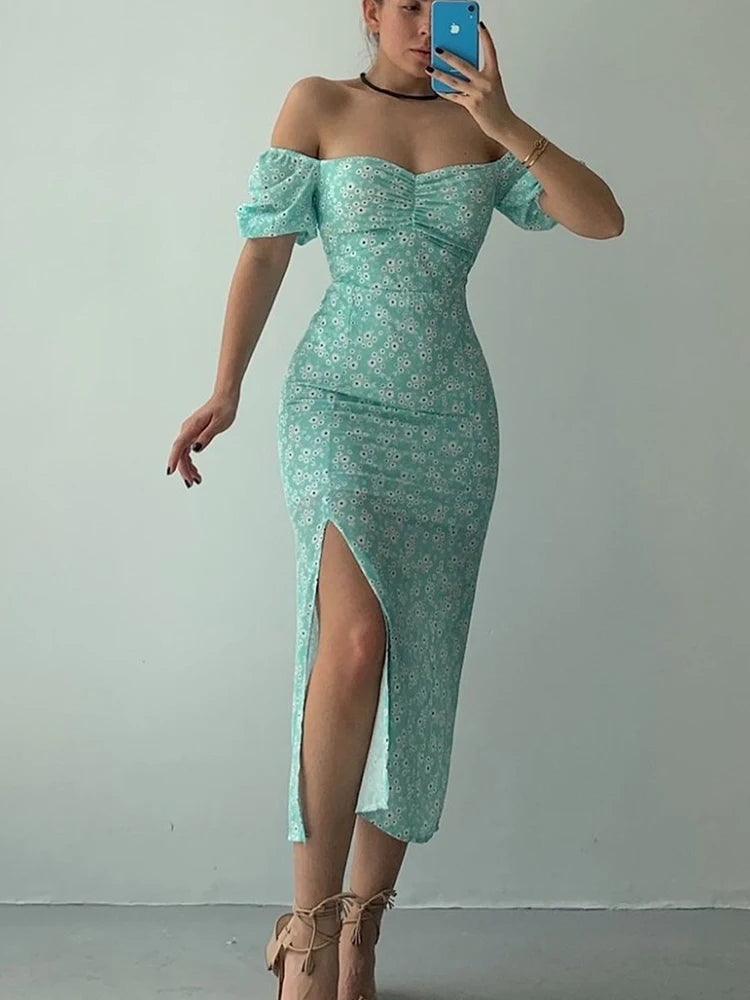 Floral short sleeve party dress chic off-shoulder backless - ARI