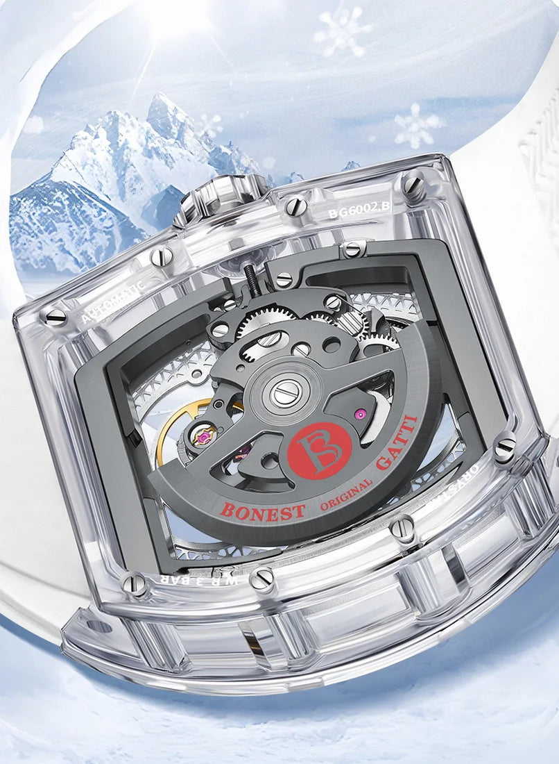 BONEST GATTI Men luxury automatic watch – polar bear skeleton dial with fluoro rubber strap