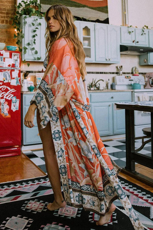 Women ethnic style bikini beach cover up, cotton printed cardigan, holiday - ARI