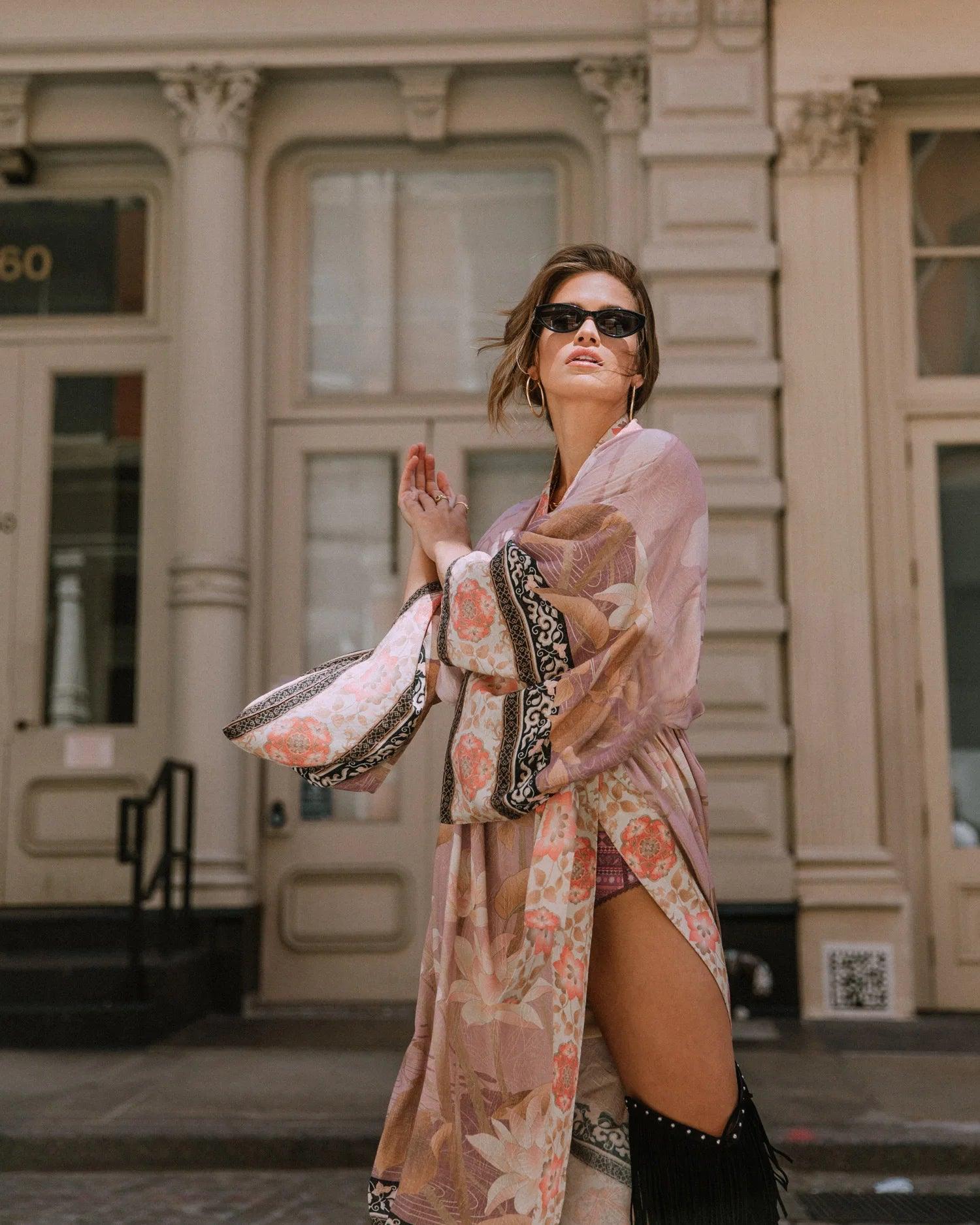 Women ethnic style bikini beach cover up, cotton printed cardigan, holiday - ARI