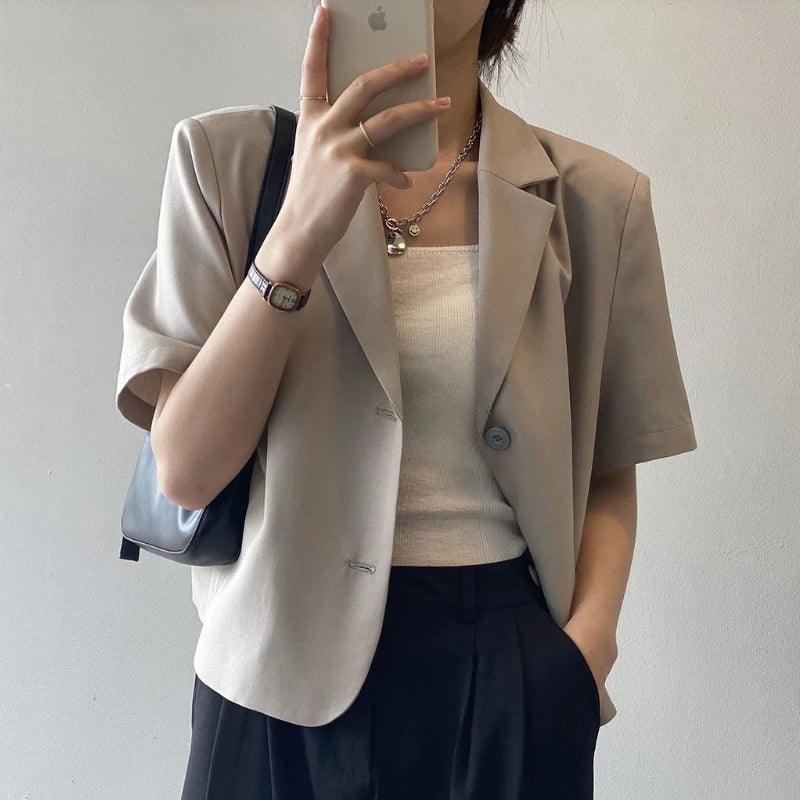 suit top women thin jacket outerwears casual short sleeve blazers solid cotton coats - ARI