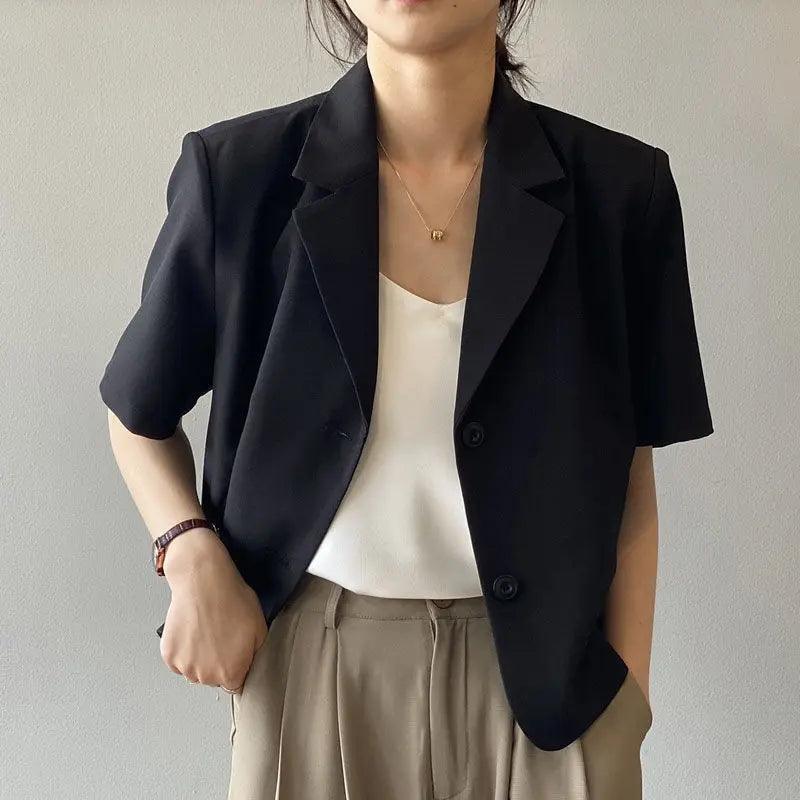 suit top women thin jacket outerwears casual short sleeve blazers solid cotton coats - ARI