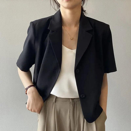 suit top women thin jacket outerwears casual short sleeve blazers solid cotton coats - ARI