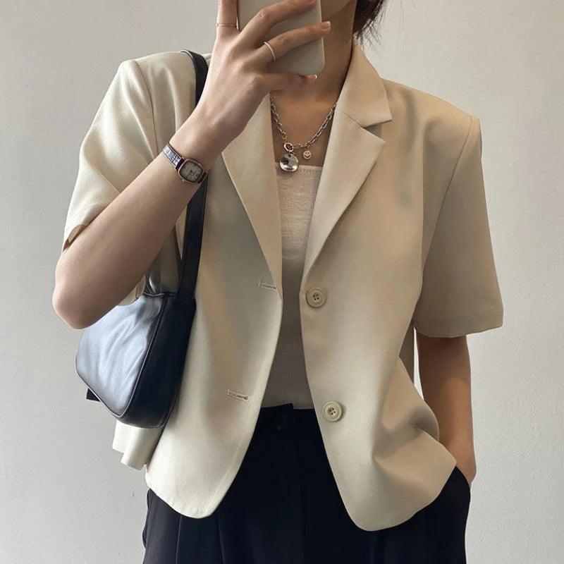 suit top women thin jacket outerwears casual short sleeve blazers solid cotton coats - ARI