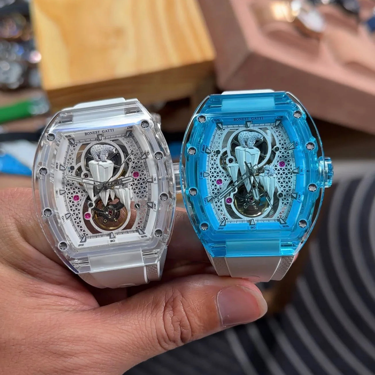 BONEST GATTI Men luxury automatic watch – polar bear skeleton dial with fluoro rubber strap