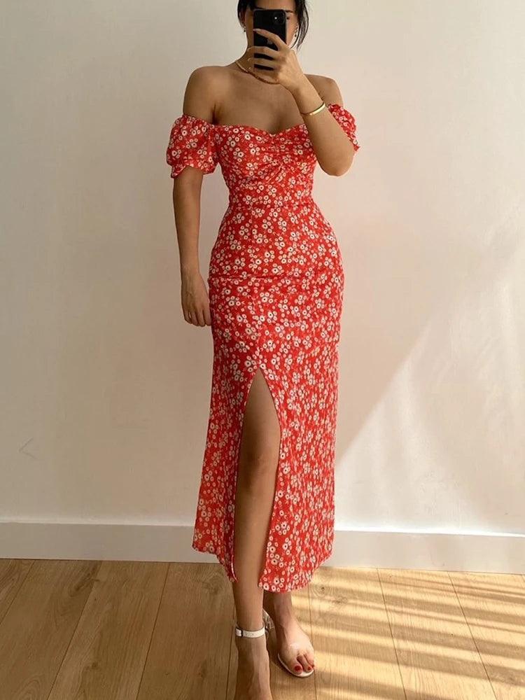 Floral short sleeve party dress chic off-shoulder backless - ARI