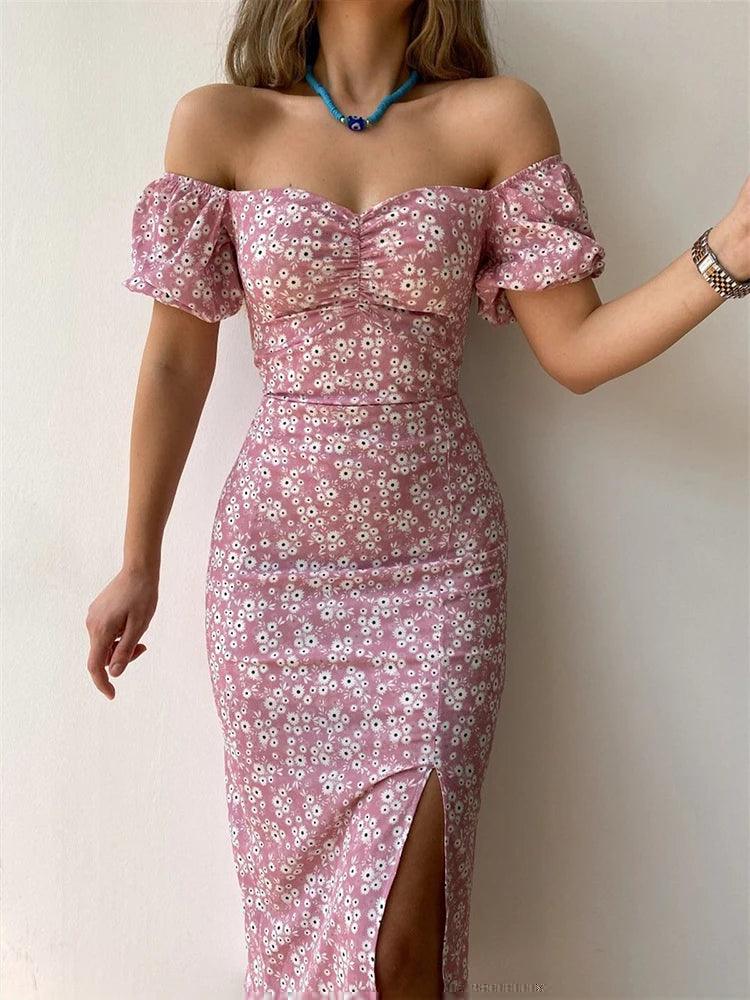 Floral short sleeve party dress chic off-shoulder backless - ARI