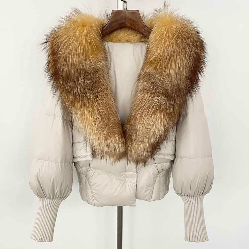 Winter girls jacket with real raccoon fox fur collar loose fit coat - ARI