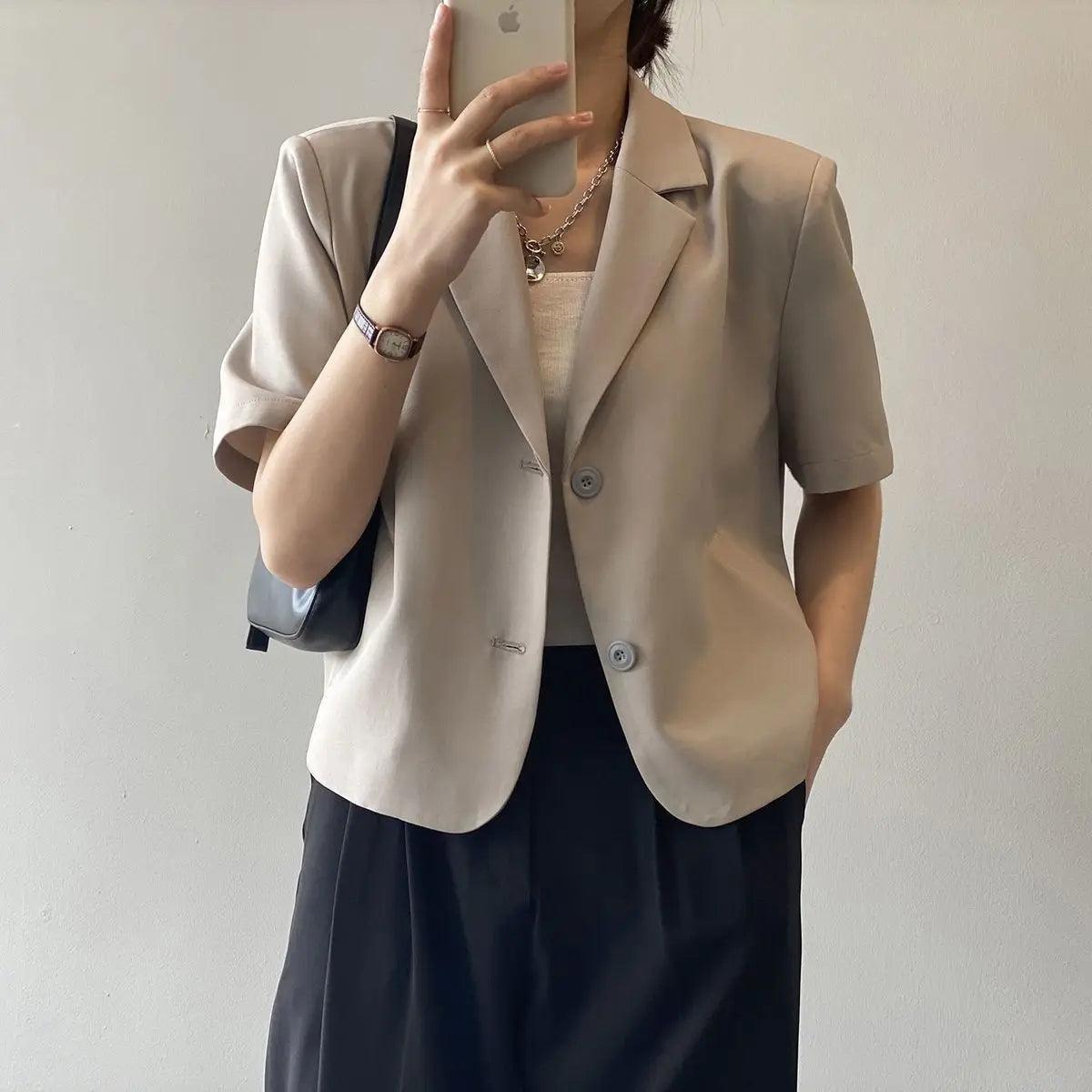 suit top women thin jacket outerwears casual short sleeve blazers solid cotton coats - ARI