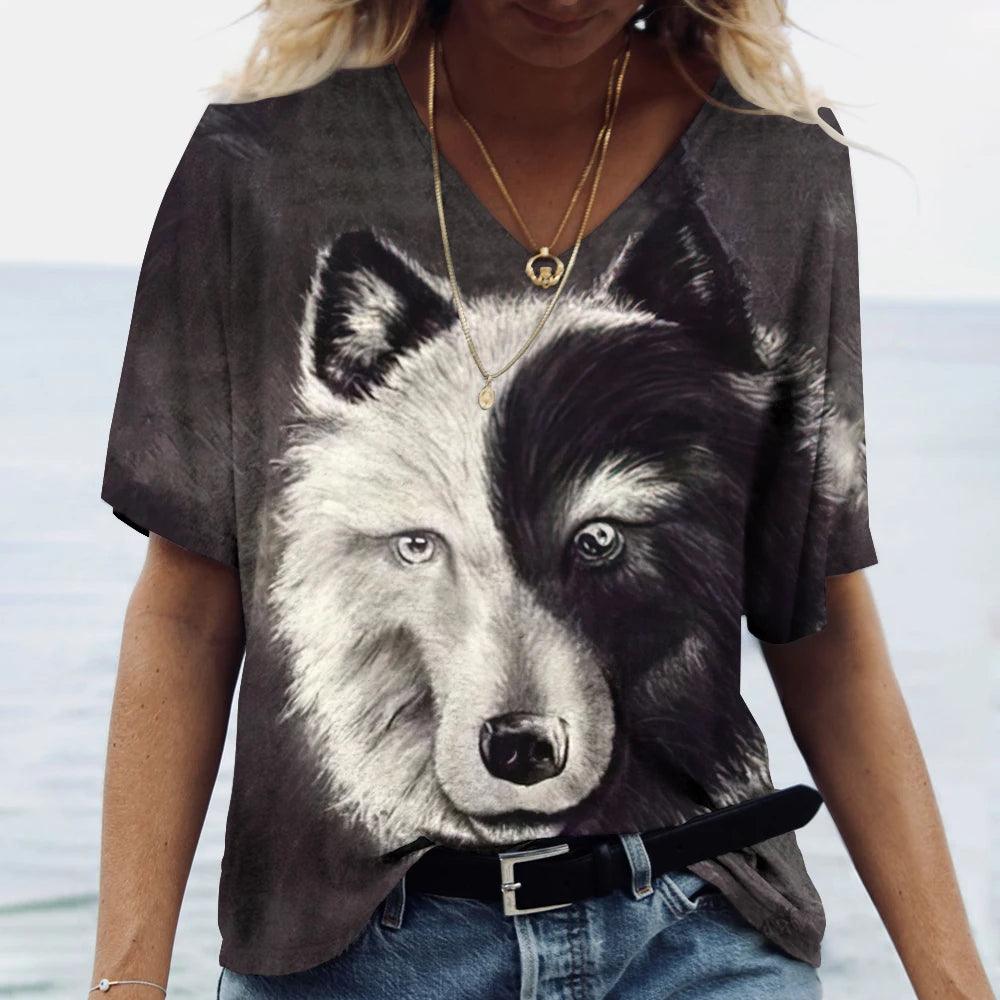 T-shirt featuring a 3D print of a wolf among many designs - ARI