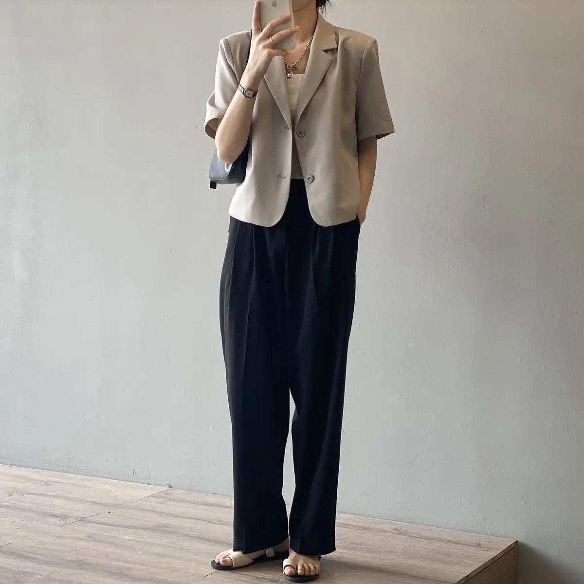 suit top women thin jacket outerwears casual short sleeve blazers solid cotton coats - ARI