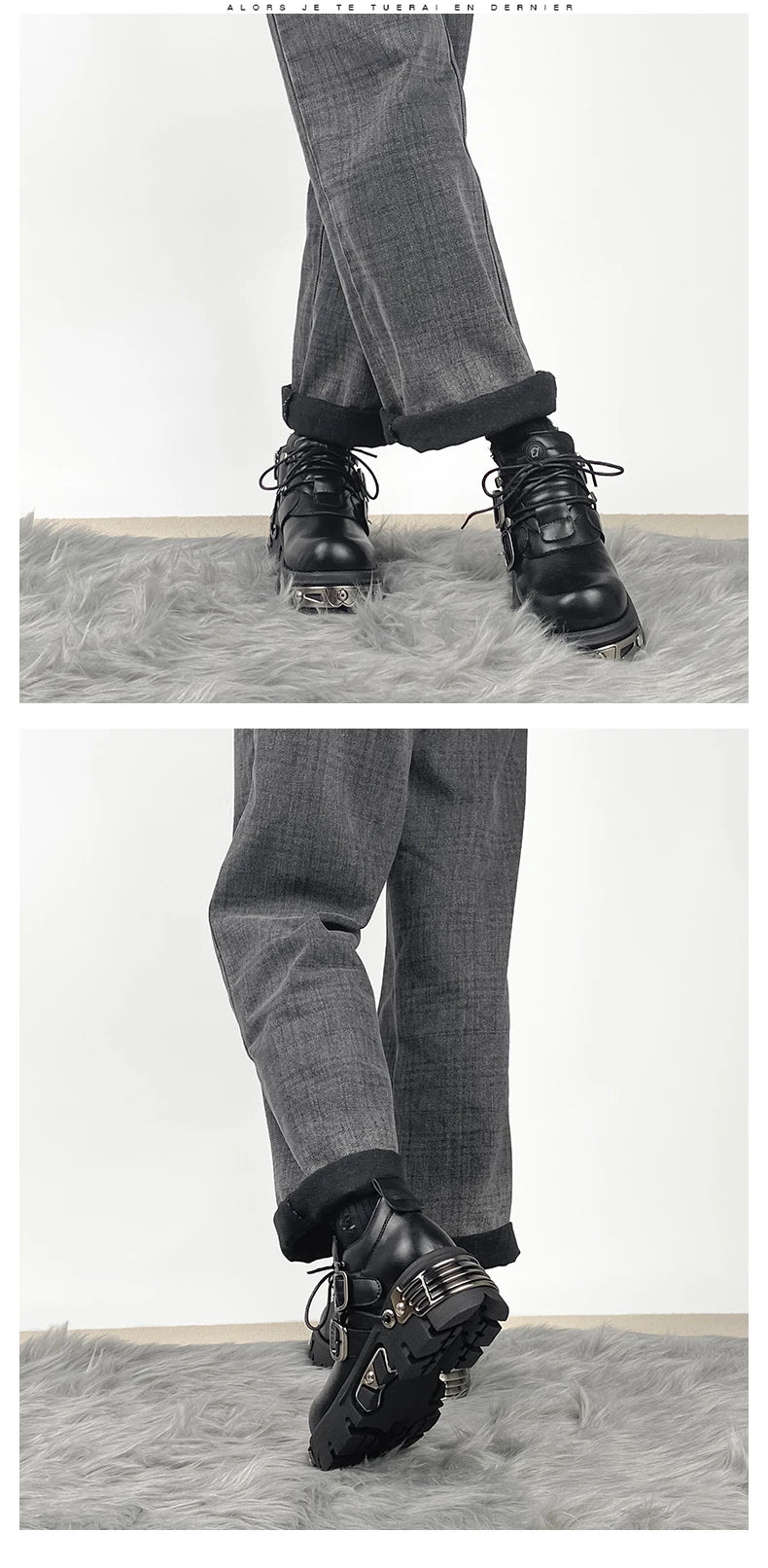 Dark punk style woman rock boots leather metal niche