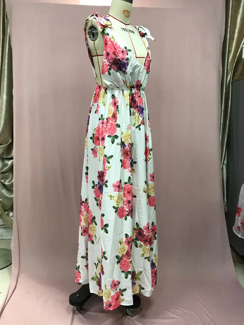 Backless women floral high waist large swing sleeveless long dresse