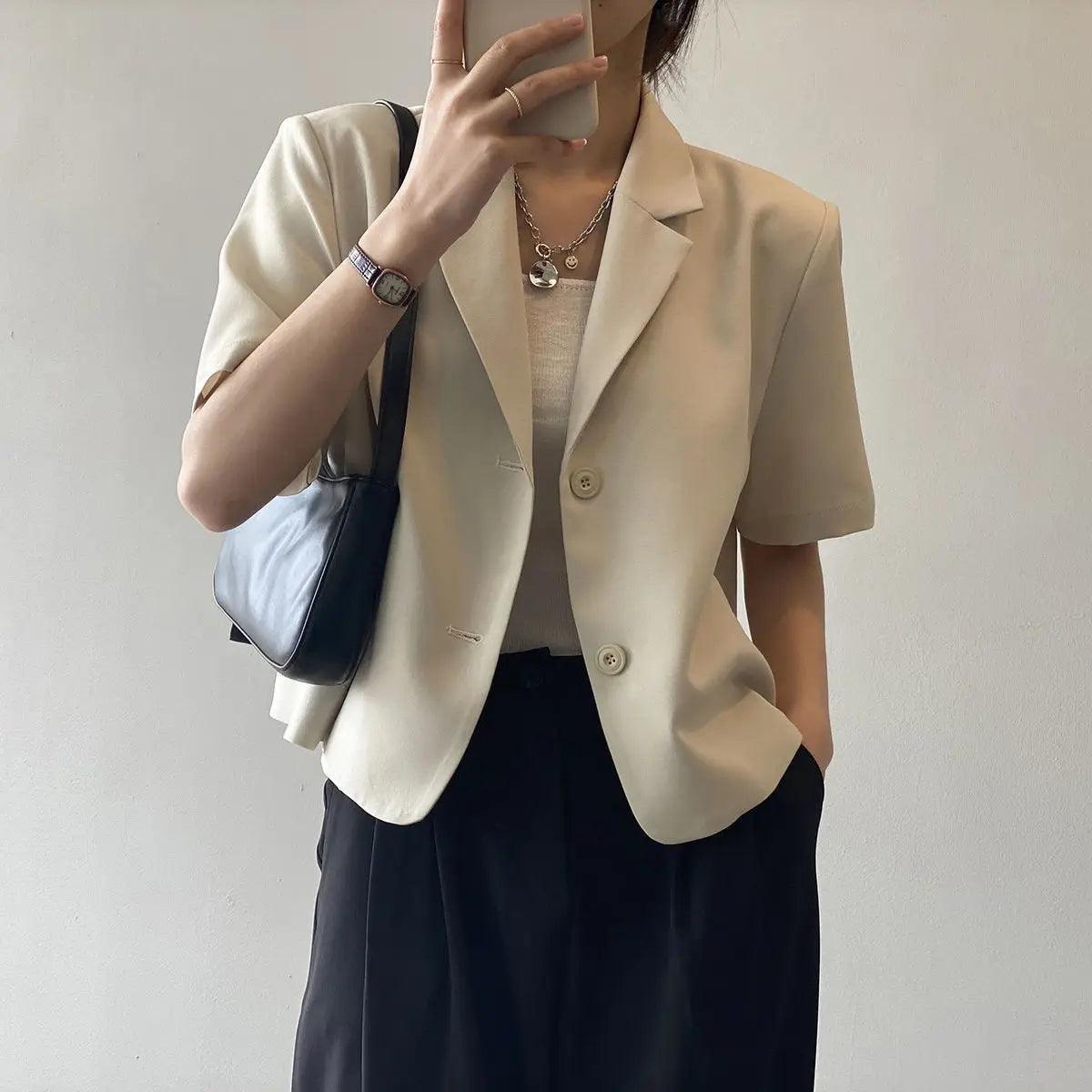 suit top women thin jacket outerwears casual short sleeve blazers solid cotton coats - ARI