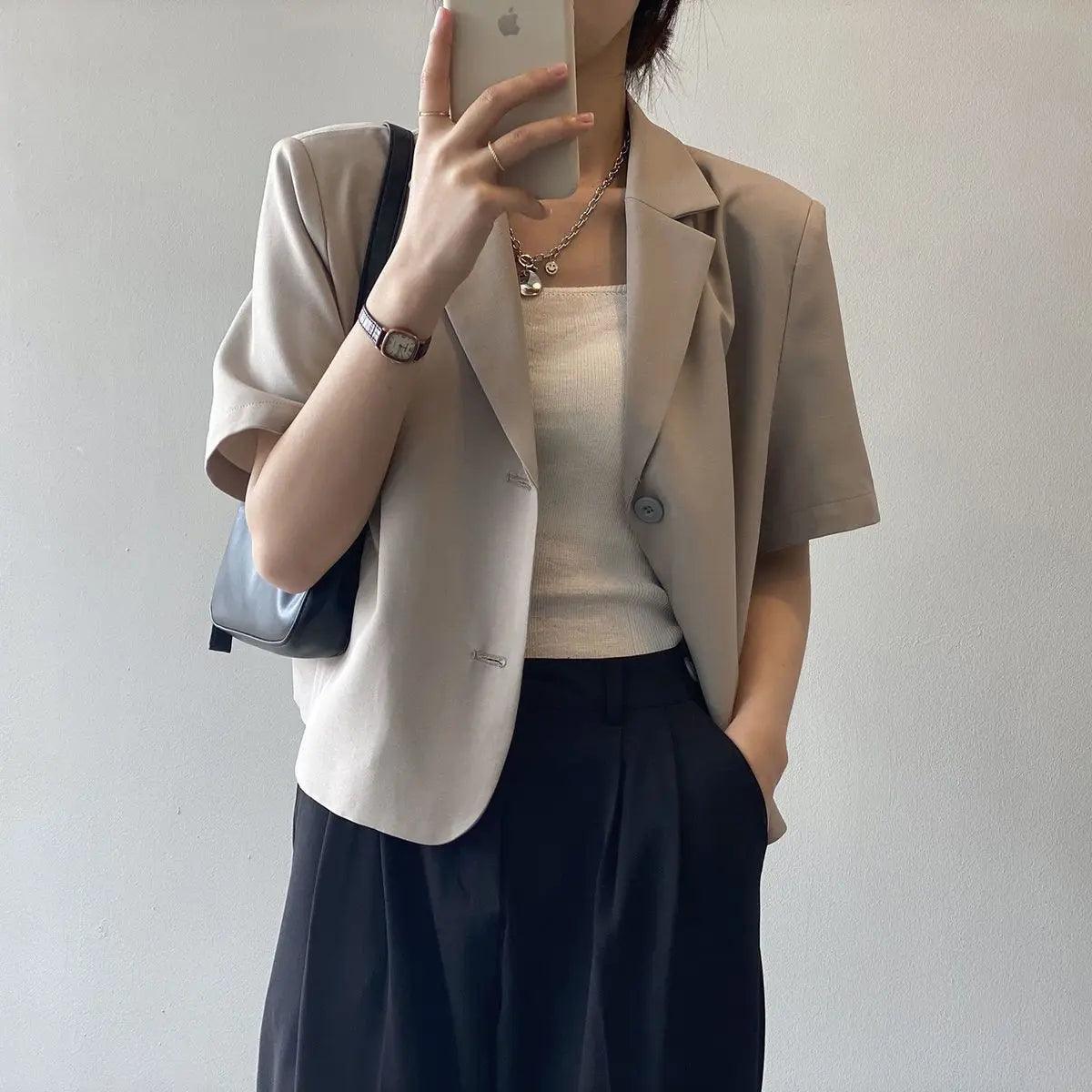 suit top women thin jacket outerwears casual short sleeve blazers solid cotton coats - ARI