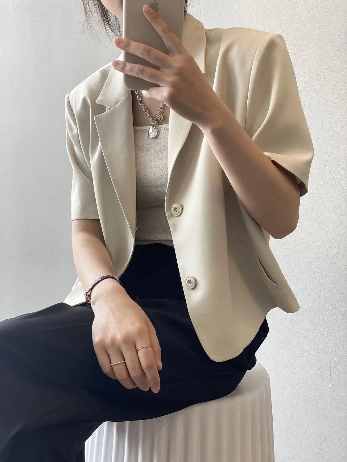 suit top women thin jacket outerwears casual short sleeve blazers solid cotton coats - ARI
