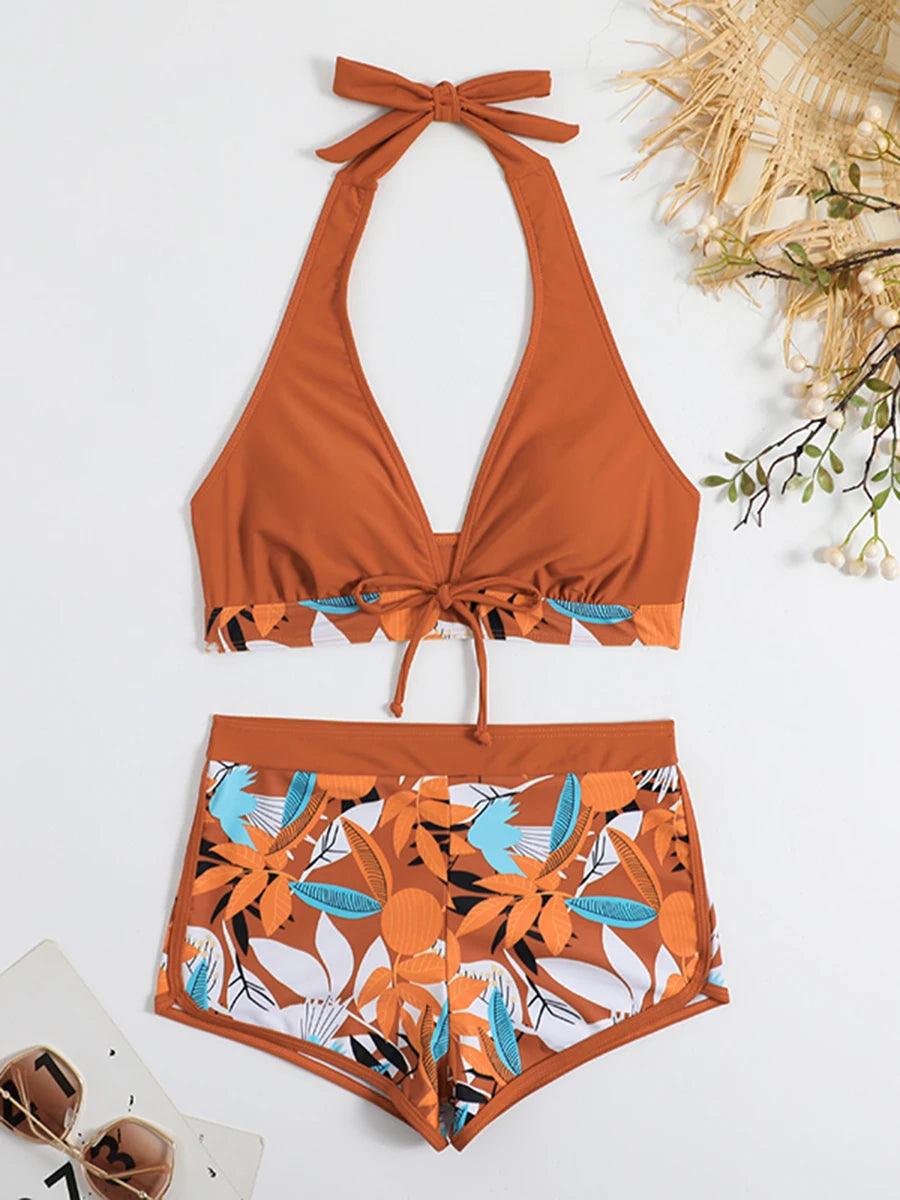 Bikini set short swimsuit women high waist swimwear printed beachwear - ARI