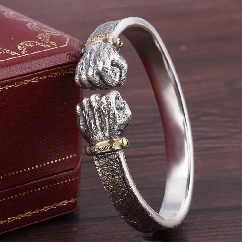 Masculine Fist Shaped Bracelet for Mens Vintage Solid 925 Silver Bangles Classic Jewelry - ARI