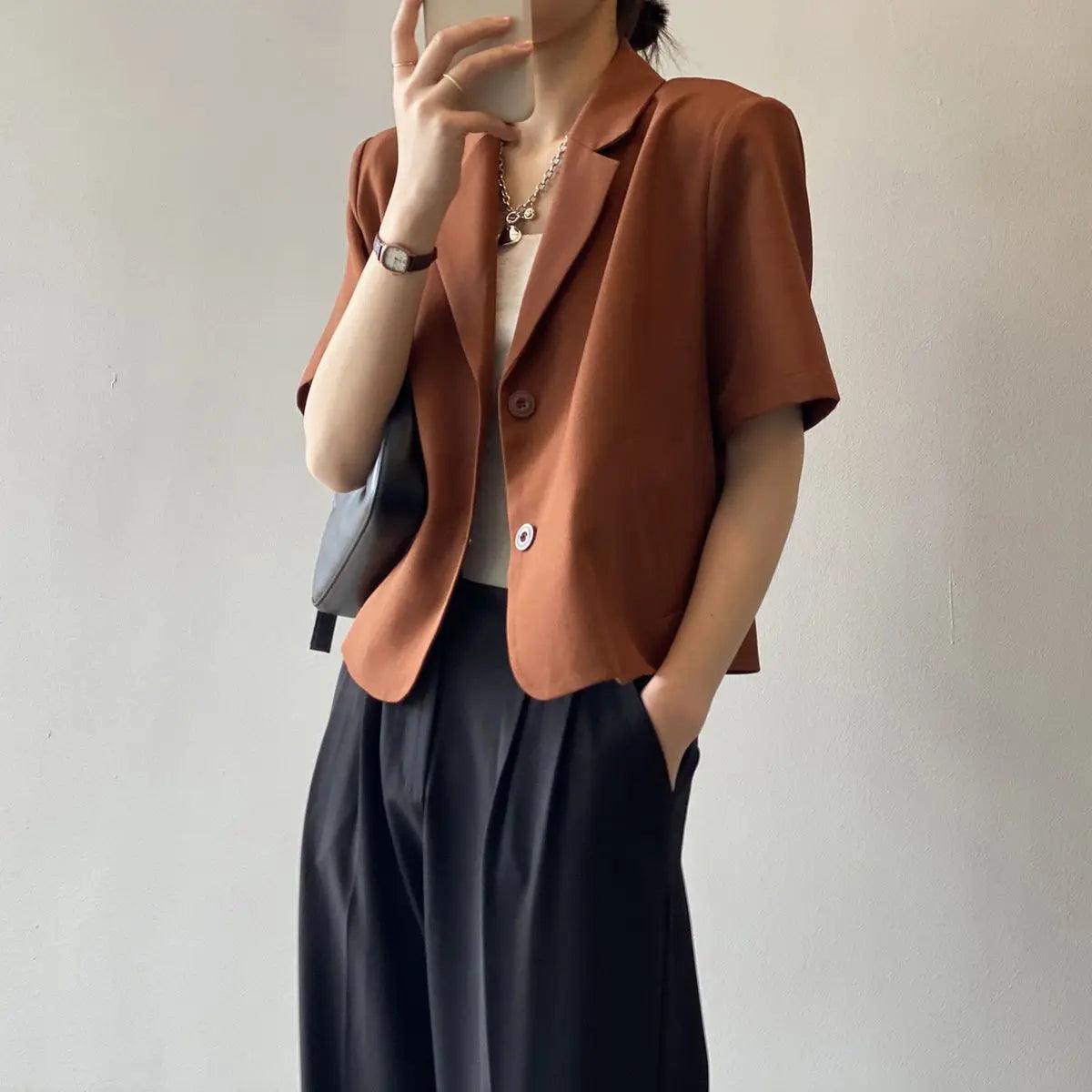 suit top women thin jacket outerwears casual short sleeve blazers solid cotton coats - ARI