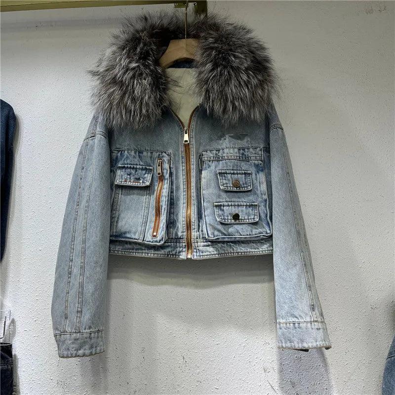 Limited availability Real Fox fur thick warm denim parkas female winter coat - ARI