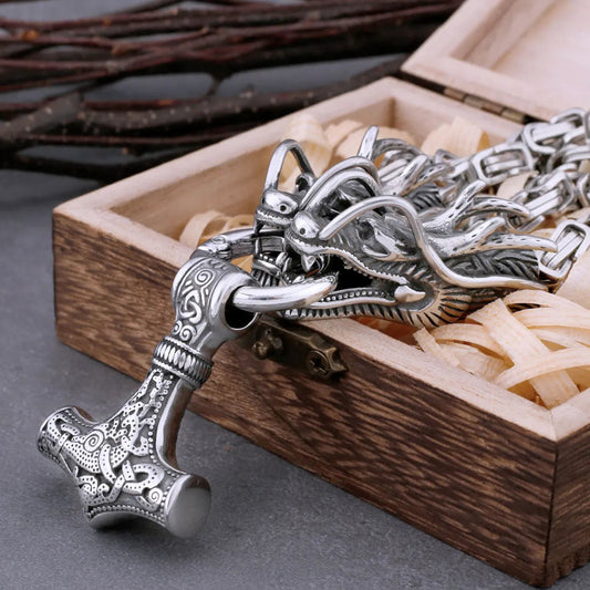 Vintage viking pendant  thor hammer amulet necklace steel dragon design