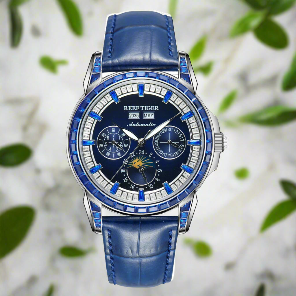 automatic moonphase  watch by reef tiger diamonds bezel, blue dial